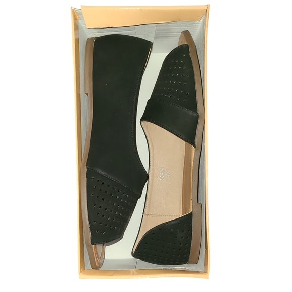 AMS Black Perforated Oscar D'Orsay Laser Cutout Round Open Toe Flats 8.5 - Picture 2 of 6